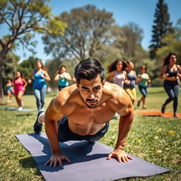 A dynamic fitness scene featuring a diverse group of people exercising outdoors in a sun-drenched park