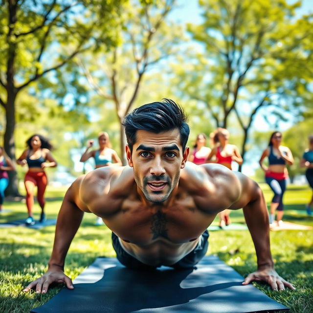 A dynamic fitness scene featuring a diverse group of people exercising outdoors in a sun-drenched park