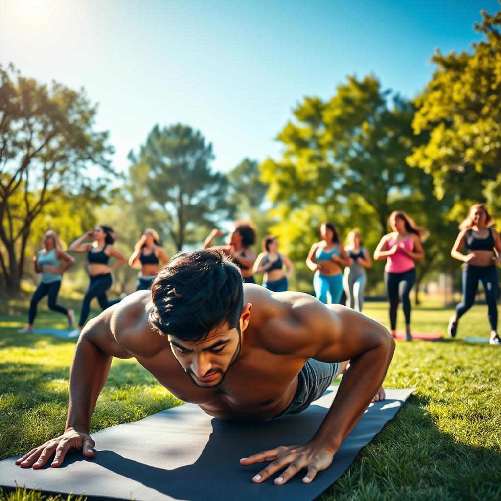 A dynamic fitness scene featuring a diverse group of people exercising outdoors in a sun-drenched park