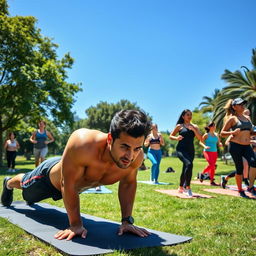 A dynamic fitness scene featuring a diverse group of people exercising outdoors in a sun-drenched park