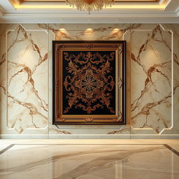 A luxurious interior scene featuring a polished creamy coffee-colored marble wall (سنگ مرمریت کرم نسکافه‌ای) that adds elegance to the space