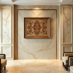 A luxurious interior scene featuring a polished creamy coffee-colored marble wall (سنگ مرمریت کرم نسکافه‌ای) that adds elegance to the space