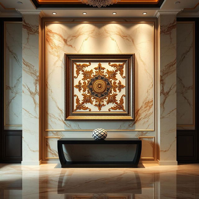 A luxurious interior scene featuring a polished creamy coffee-colored marble wall (سنگ مرمریت کرم نسکافه‌ای) that adds elegance to the space