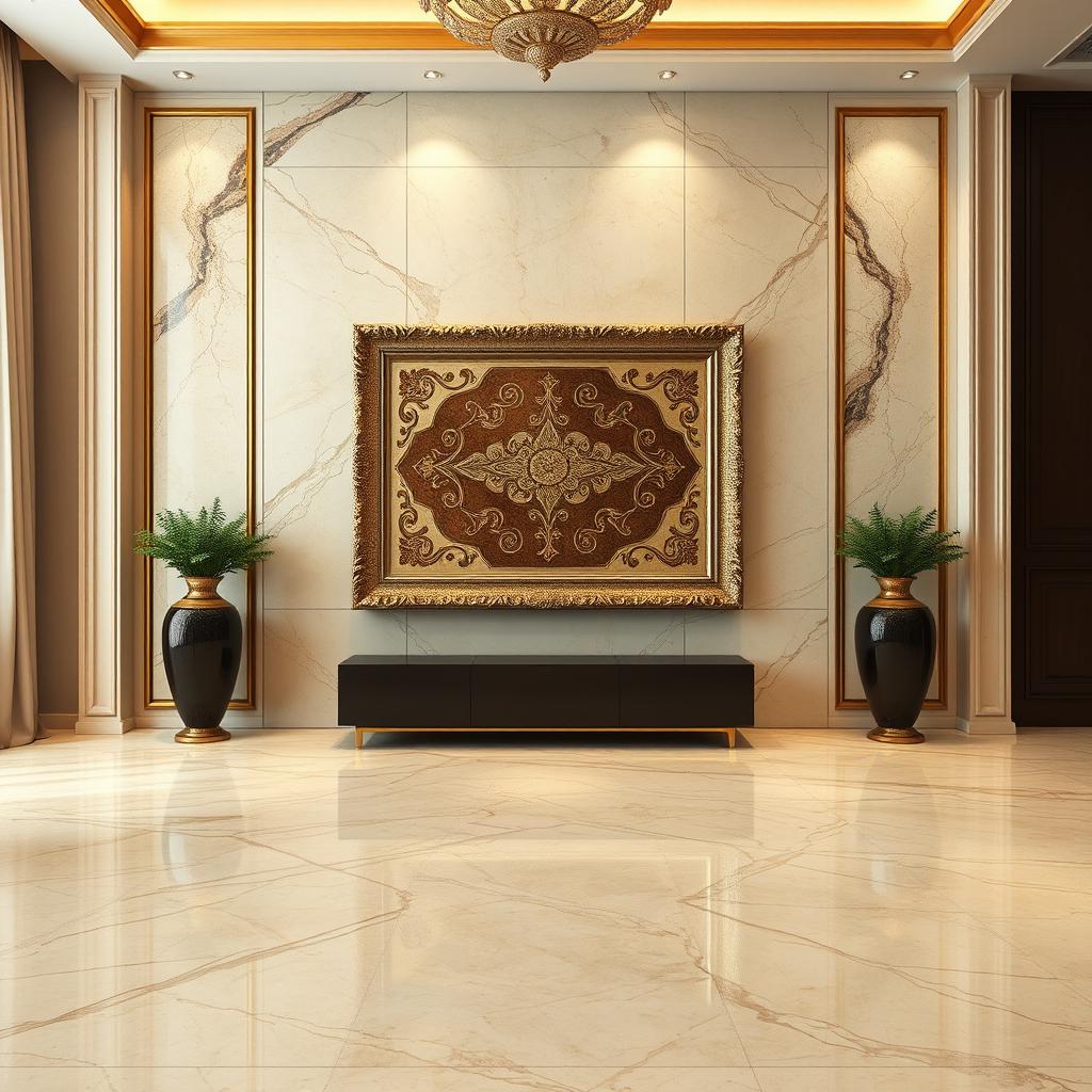 A luxurious interior scene featuring a polished creamy coffee-colored marble wall (سنگ مرمریت کرم نسکافه‌ای) that adds elegance to the space