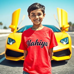 A teenage girl standing confidently in front of a sleek yellow Lamborghini, wearing a bright red T-shirt with the name 'Mahiya' printed boldly across the chest in stylish white font