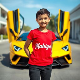 A teenage girl standing confidently in front of a sleek yellow Lamborghini, wearing a bright red T-shirt with the name 'Mahiya' printed boldly across the chest in stylish white font