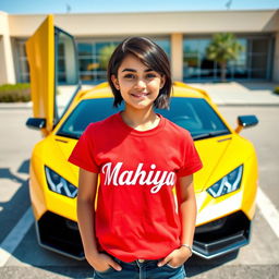 A teenage girl standing confidently in front of a sleek yellow Lamborghini, wearing a bright red T-shirt with the name 'Mahiya' printed boldly across the chest in stylish white font