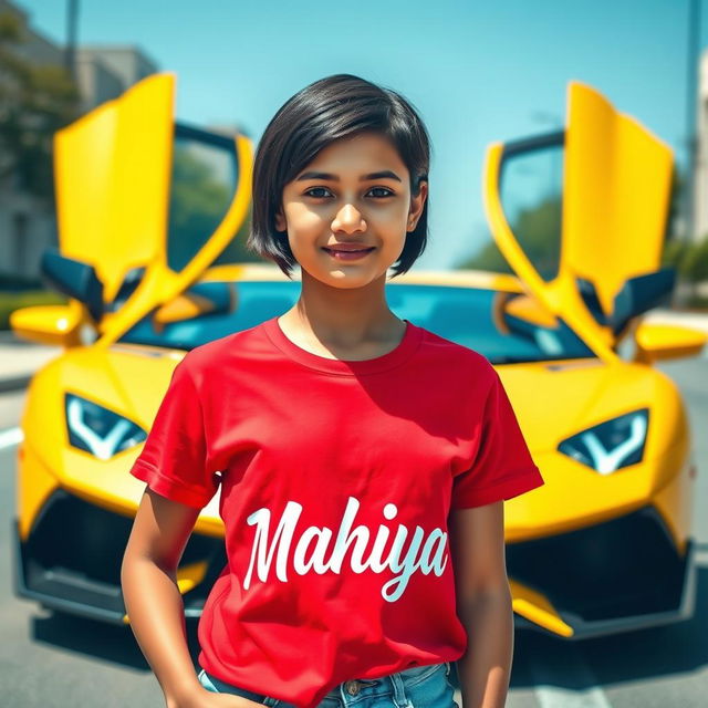A teenage girl standing confidently in front of a sleek yellow Lamborghini, wearing a bright red T-shirt with the name 'Mahiya' printed boldly across the chest in stylish white font