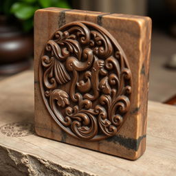 A beautifully carved stone plaque featuring a classic Nao motif, intricately detailed with swirling patterns and floral designs, showcasing a rich coffee color
