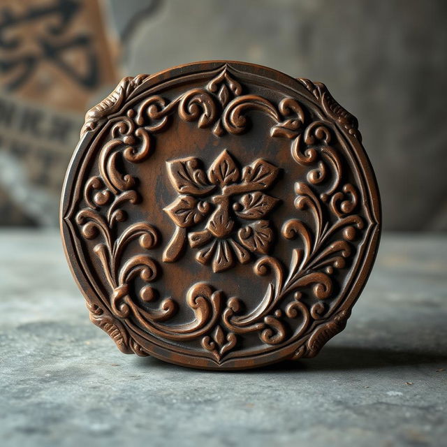 A beautifully carved stone plaque featuring a classic Nao motif, intricately detailed with swirling patterns and floral designs, showcasing a rich coffee color