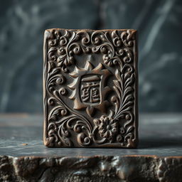 A beautifully carved stone plaque featuring a classic Nao motif, intricately detailed with swirling patterns and floral designs, showcasing a rich coffee color