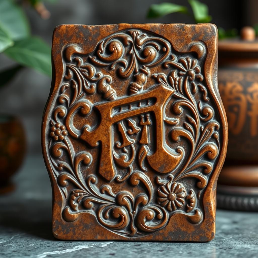 A beautifully carved stone plaque featuring a classic Nao motif, intricately detailed with swirling patterns and floral designs, showcasing a rich coffee color