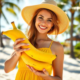 A playful young woman holding a large, ripe banana, wearing a bright yellow summer dress and a wide-brimmed hat, with a sunny beach background