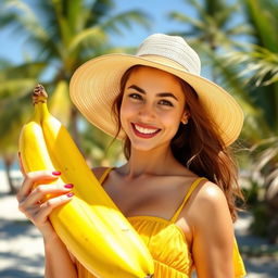A playful young woman holding a large, ripe banana, wearing a bright yellow summer dress and a wide-brimmed hat, with a sunny beach background
