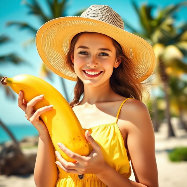 A playful young woman holding a large, ripe banana, wearing a bright yellow summer dress and a wide-brimmed hat, with a sunny beach background