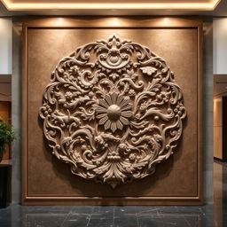 A large stone plaque intended for display in a building lobby, featuring an elaborate classic Nao motif