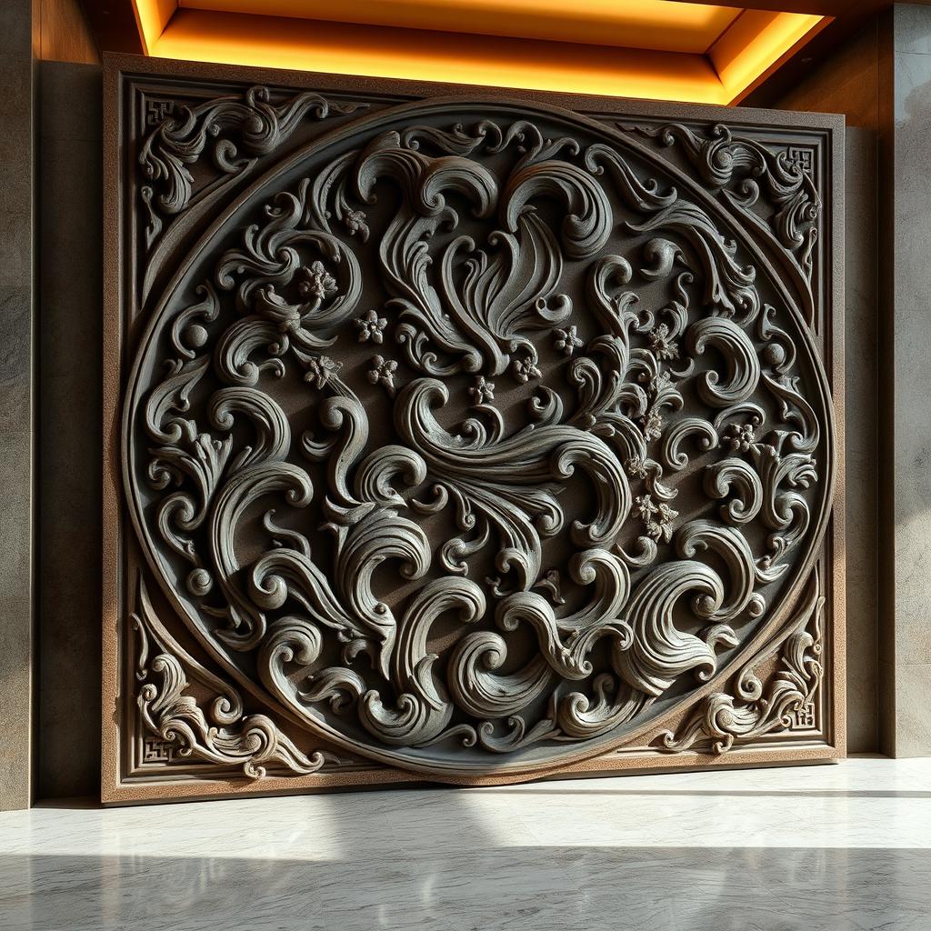 A large stone plaque intended for display in a building lobby, featuring an elaborate classic Nao motif