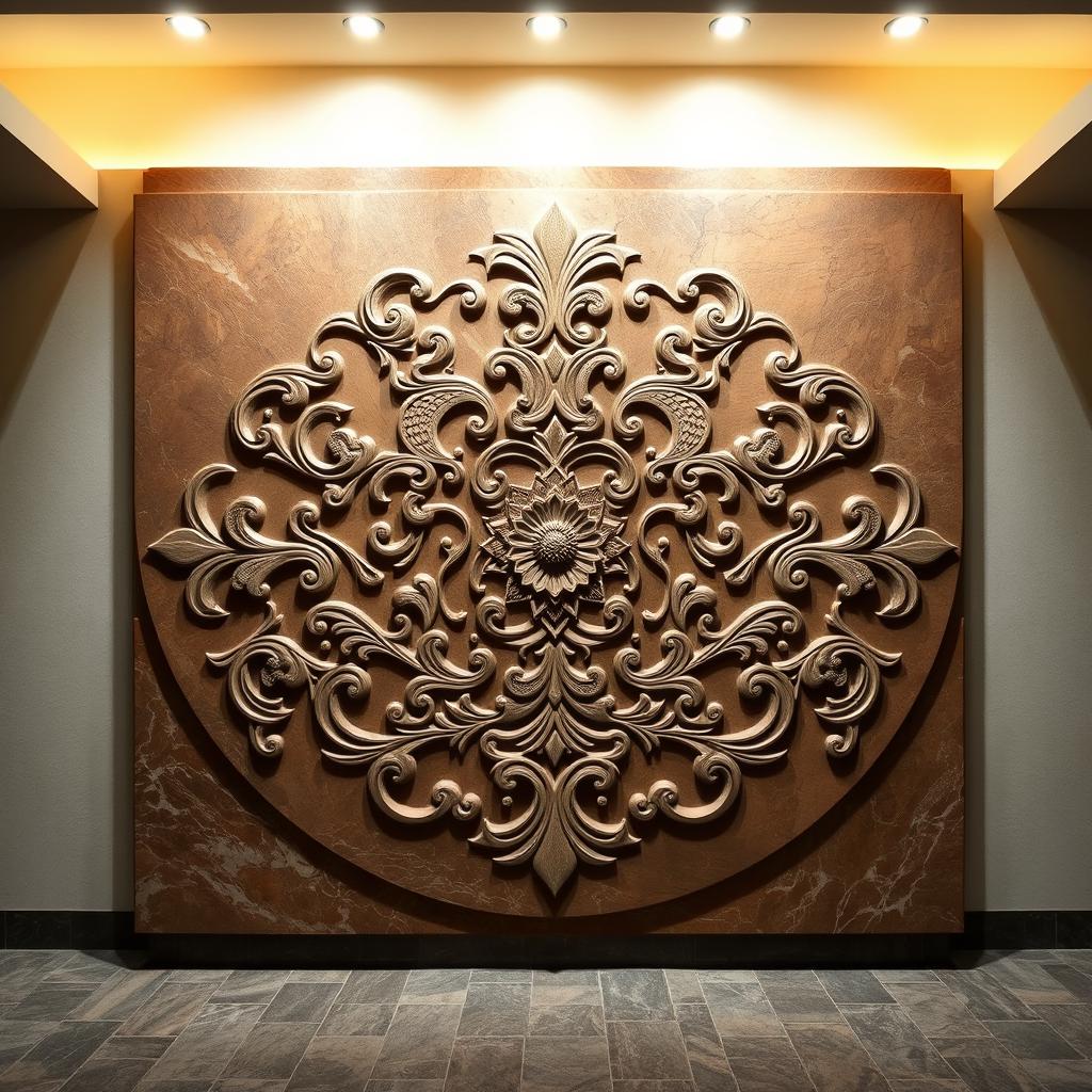 A large stone plaque designed for display in a building lobby, featuring an intricately carved classic Nao motif