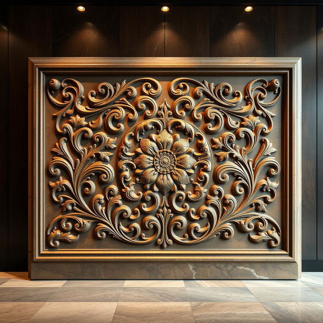 A large stone plaque designed for display in a building lobby, featuring an intricately carved classic Nao motif