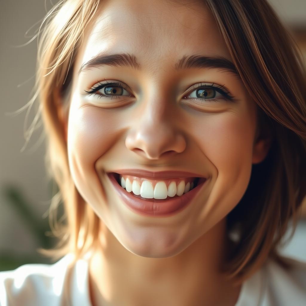 A close-up portrait of a person smiling naturally, showcasing realistic teeth and a genuine expression