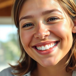 A close-up portrait of a person smiling naturally, showcasing realistic teeth and a genuine expression