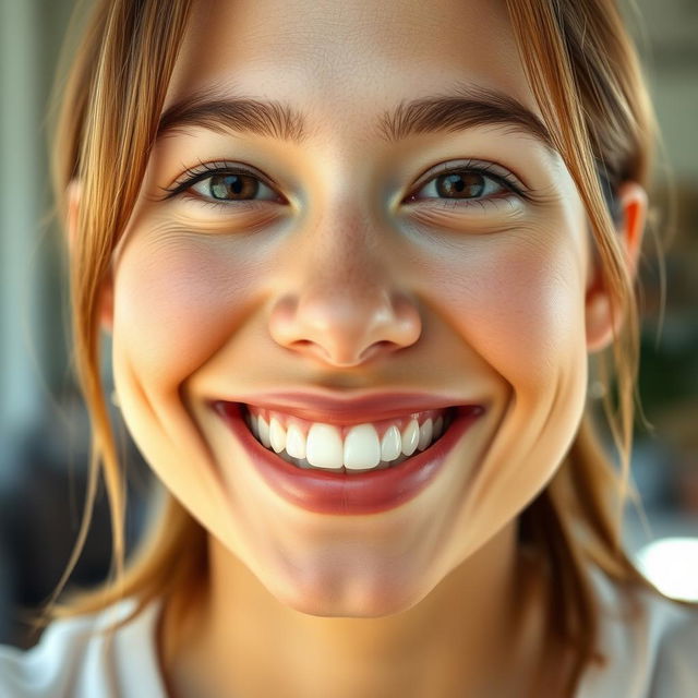 A close-up portrait of a person smiling naturally, showcasing realistic teeth and a genuine expression