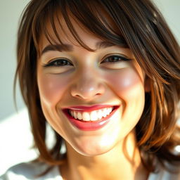 A close-up portrait of a person smiling naturally, showcasing realistic teeth and a genuine expression