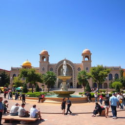 A vibrant and lively scene depicting the main square of Velayat Faqih in Urmia, Iran, showcasing the beautiful architecture and bustling atmosphere