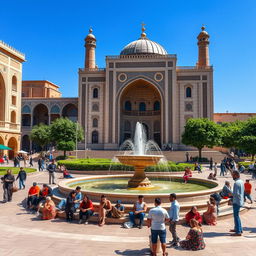 A vibrant and lively scene depicting the main square of Velayat Faqih in Urmia, Iran, showcasing the beautiful architecture and bustling atmosphere