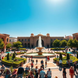 A vibrant and lively scene depicting the main square of Velayat Faqih in Urmia, Iran, showcasing the beautiful architecture and bustling atmosphere