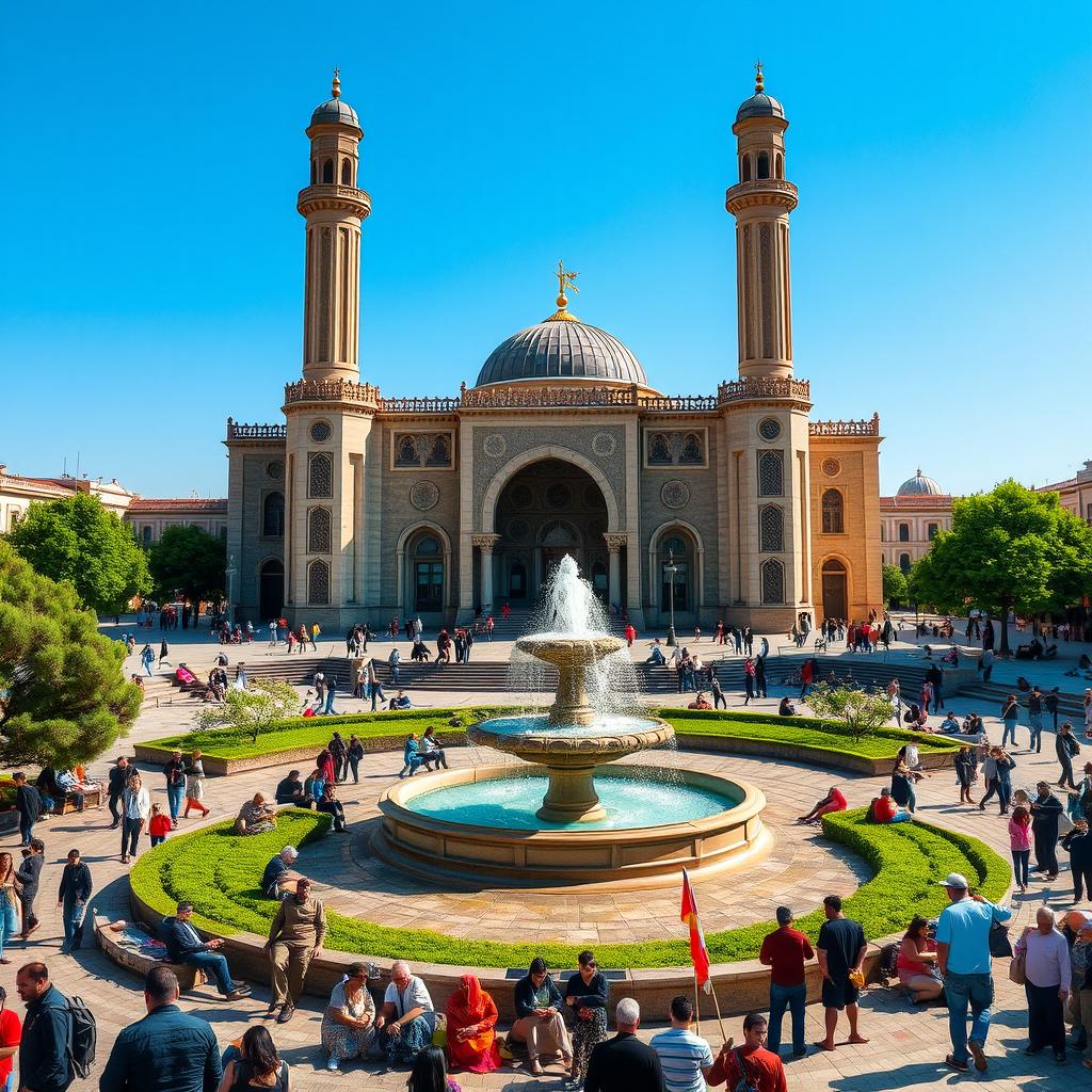 A vibrant and lively scene depicting the main square of Velayat Faqih in Urmia, Iran, showcasing the beautiful architecture and bustling atmosphere