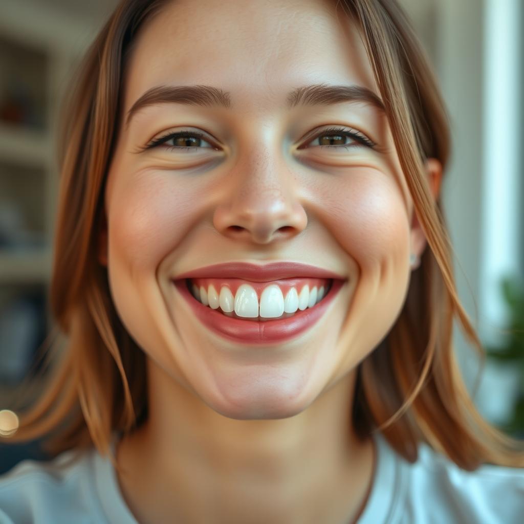 A close-up portrait of a person smiling naturally, showcasing realistic teeth and a warm, genuine expression