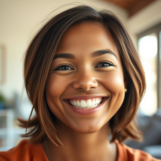 A close-up portrait of a person smiling naturally, showcasing realistic teeth and a warm, genuine expression