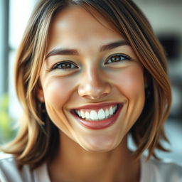 A close-up portrait of a person smiling naturally, showcasing realistic teeth and a warm, genuine expression