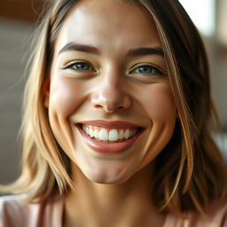 A close-up portrait of a person smiling naturally, showcasing realistic teeth and a warm, genuine expression