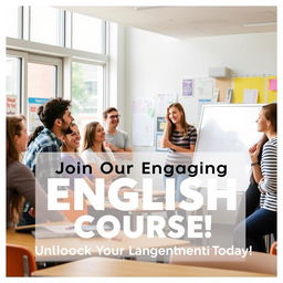 An inviting advertisement for an English language course, featuring a diverse group of enthusiastic students engaged in a lively classroom setting