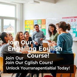 An inviting advertisement for an English language course, featuring a diverse group of enthusiastic students engaged in a lively classroom setting