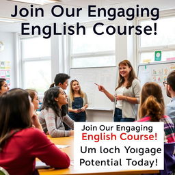 An inviting advertisement for an English language course, featuring a diverse group of enthusiastic students engaged in a lively classroom setting