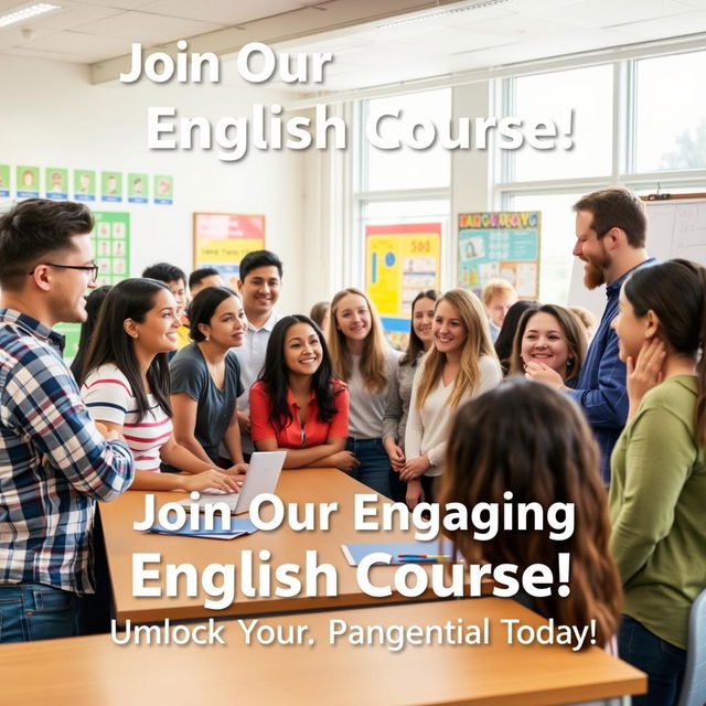 An inviting advertisement for an English language course, featuring a diverse group of enthusiastic students engaged in a lively classroom setting