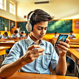 A teenage boy sitting at his desk in a classroom, fully immersed in playing the Free Fire mobile game on his smartphone during school hours