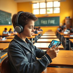 A teenage boy sitting at his desk in a classroom, fully immersed in playing the Free Fire mobile game on his smartphone during school hours