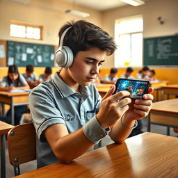 A teenage boy sitting at his desk in a classroom, fully immersed in playing the Free Fire mobile game on his smartphone during school hours