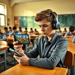 A teenage boy sitting at his desk in a classroom, fully immersed in playing the Free Fire mobile game on his smartphone during school hours