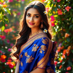 A stunning Indian actress gracefully draped in a vibrant sari, with intricate embroidery