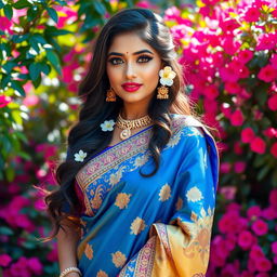 A stunning Indian actress gracefully draped in a vibrant sari, with intricate embroidery