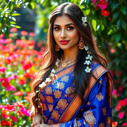 A stunning Indian actress gracefully draped in a vibrant sari, with intricate embroidery