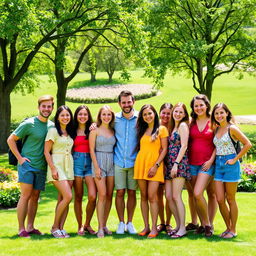 A group photo featuring a diverse group of friends standing together, smiling and enjoying a sunny day at the park