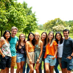 A group photo featuring a diverse group of friends standing together, smiling and enjoying a sunny day at the park