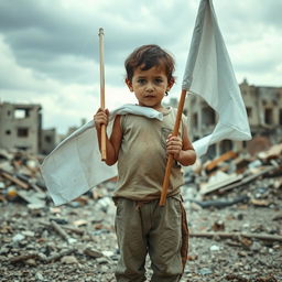 A young child holding a white flag, standing in the midst of destruction and rubble, with a somber expression on their face
