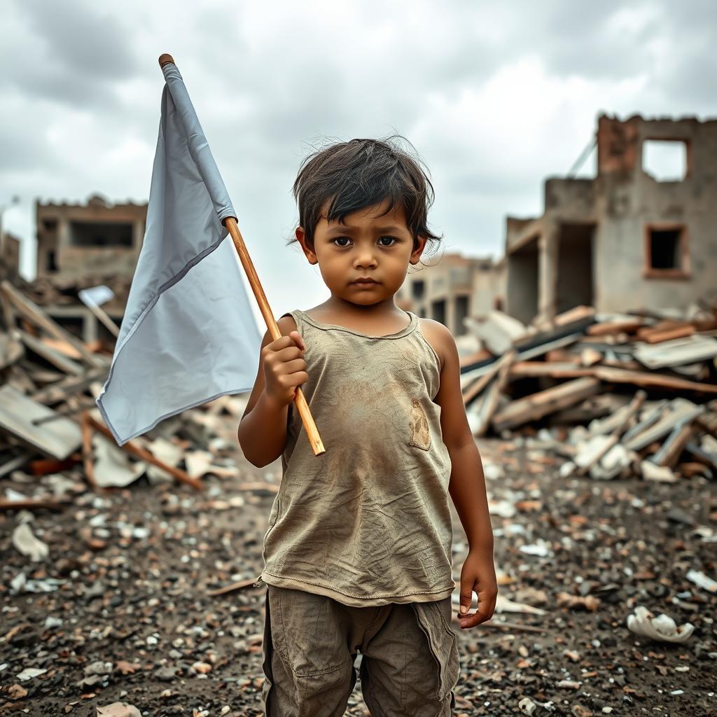 A young child holding a white flag, standing in the midst of destruction and rubble, with a somber expression on their face